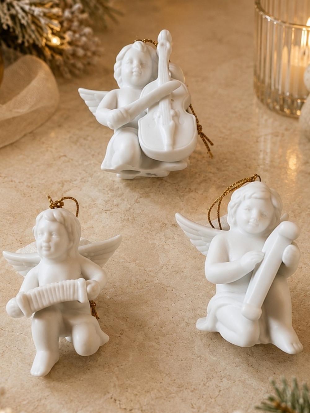 Set of 3 Rosenthal Classic White Porcelain Bisque Musical Angel Ornaments 2.25"